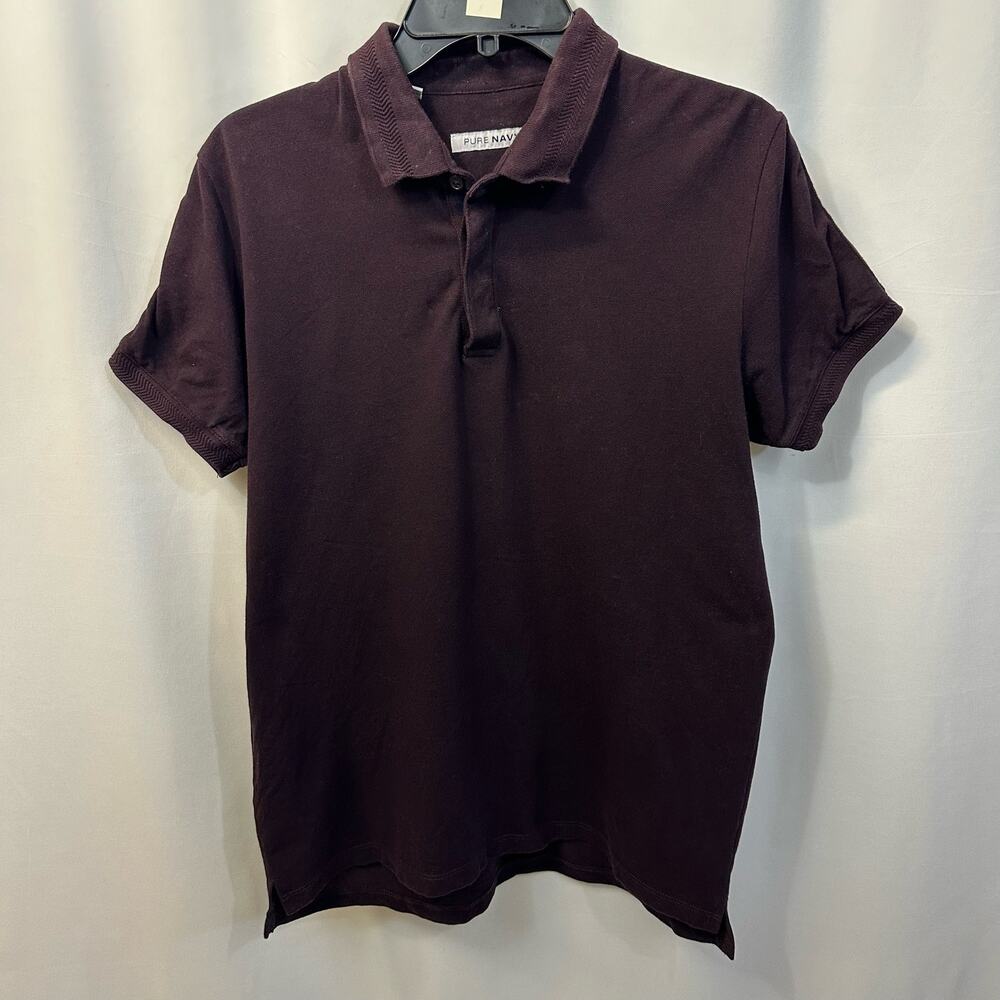 Pure Navy Men Wine Purple Three Button Polo Stripe Detail Collar Medium